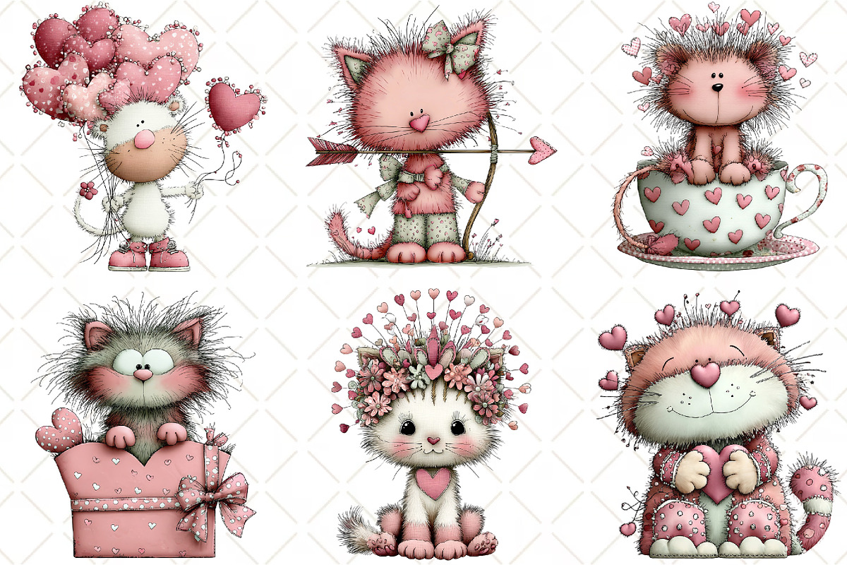Whimsical Cats Valentines Day Clipar, an Illustration by Black Bird Studio (Photo 6 of 6)
