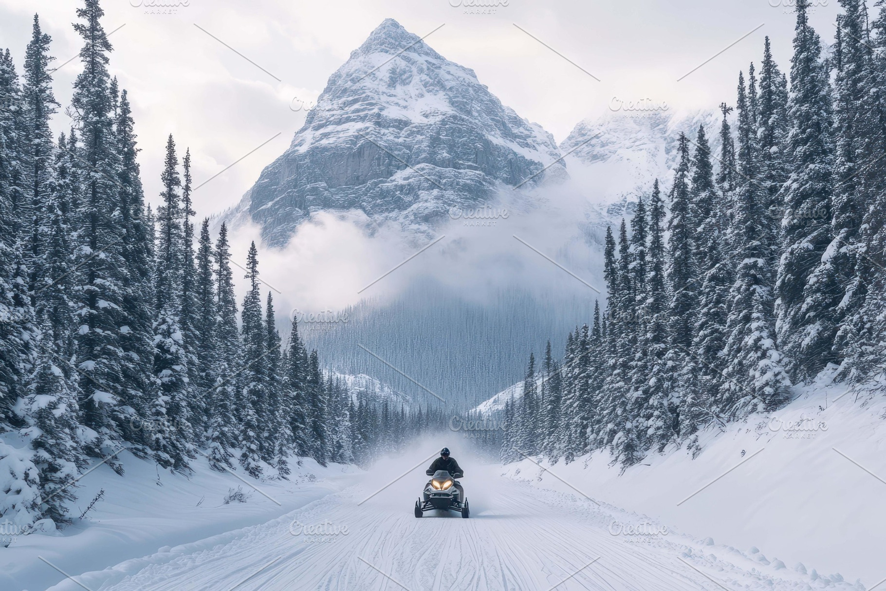 Snowmobile adventure through a snowy, a Photo by Tanuart