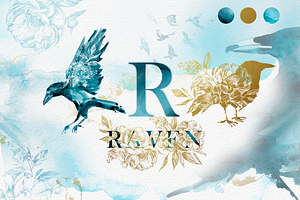 Watercolor Raven Clipart Set