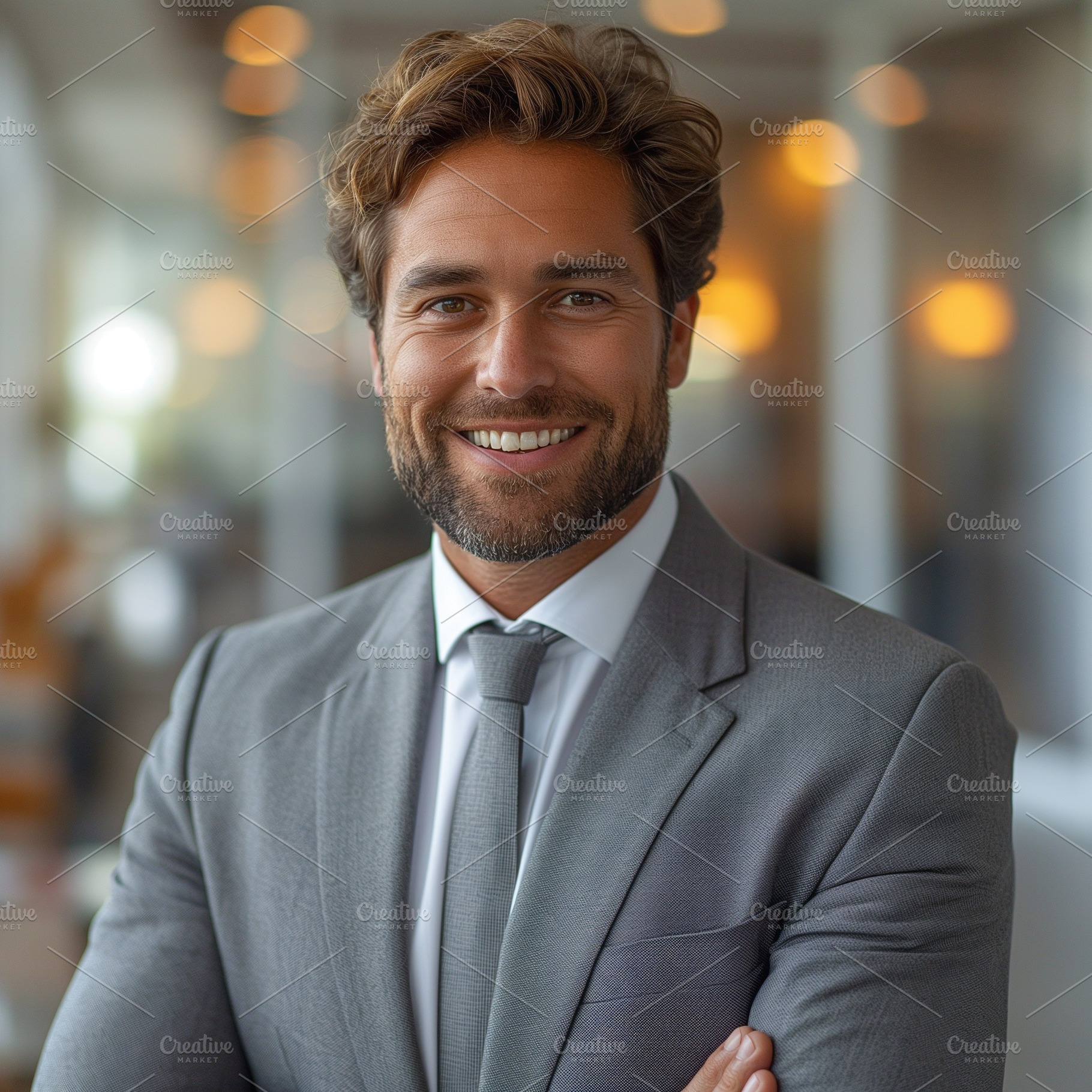A confident Caucasian man in a gray suit smiles warmly in a modern workspace., a Person Photo by ImageMir