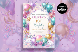 Pastel Balloon 1st Birthday Invitati, an Invitation Template by M9 Design