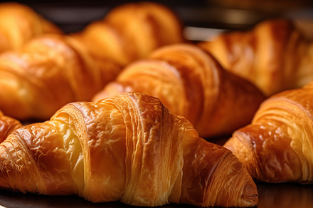 Fresh delicious croissants background. Generative AI, a Food & Drink Photo by AlyaAnd
