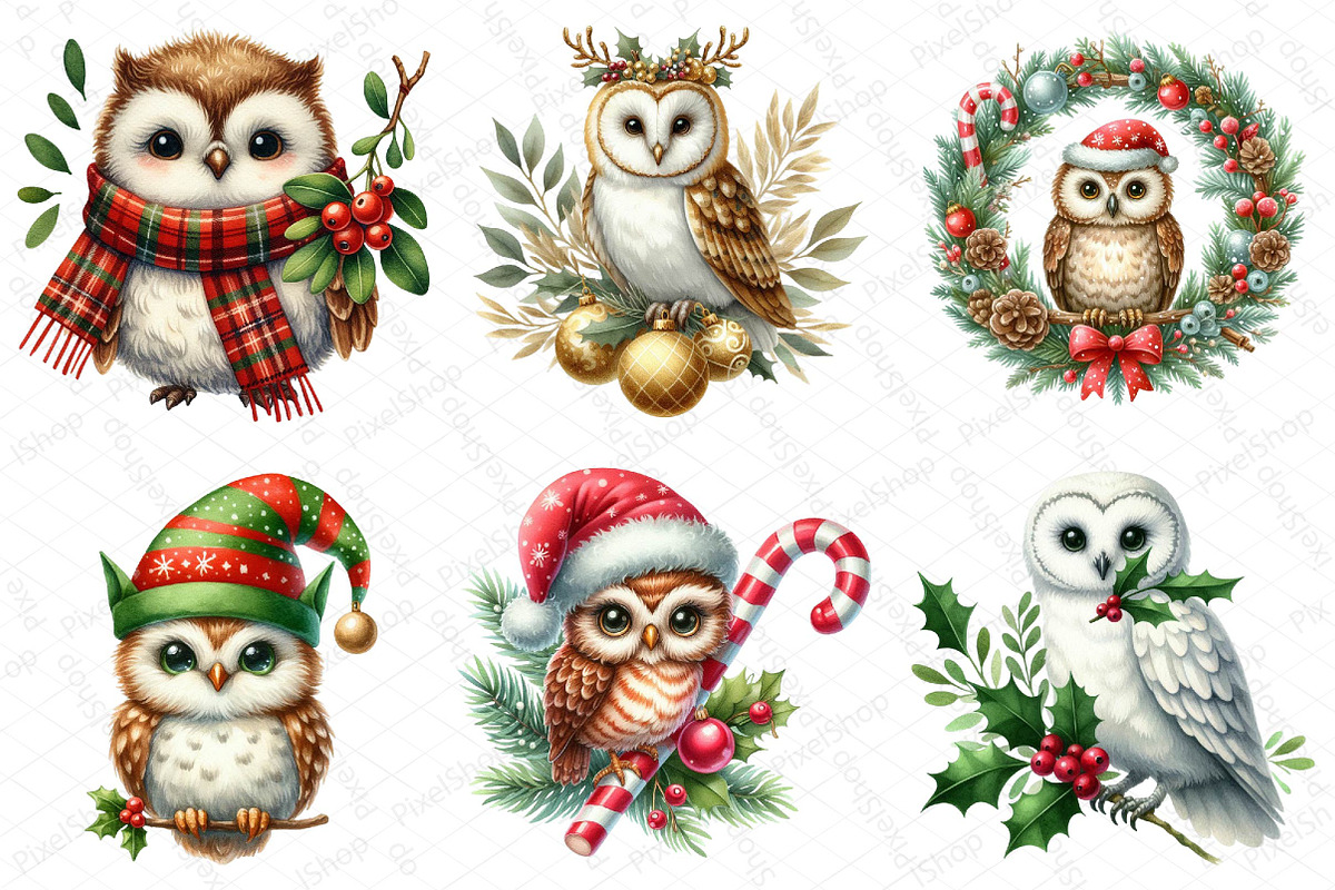 Watercolor Christmas Owl Clipart, an Illustration by DreamPrint404 (Photo 6 of 6)