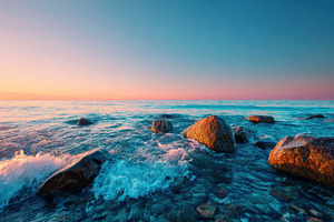 Colorful rocky seascape at sunset, a Nature Photo by AlyaAnd