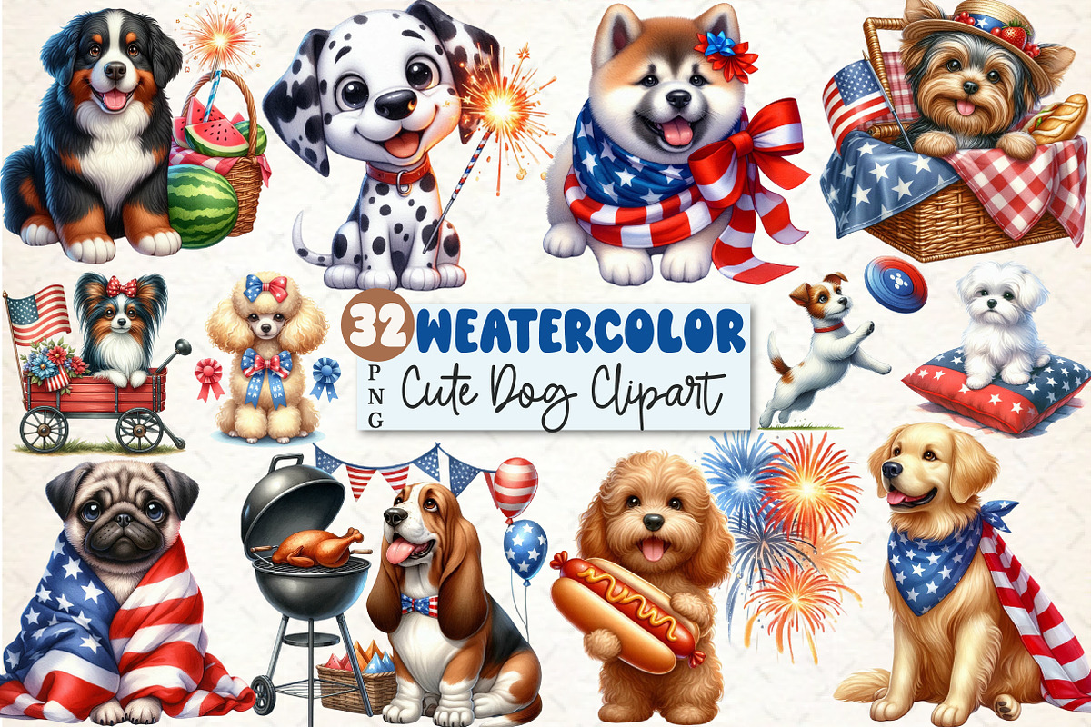 4th Of July Dog Sublimation Clipart, a Seasonal Illustration by Rose Art (Photo 1 of 4)