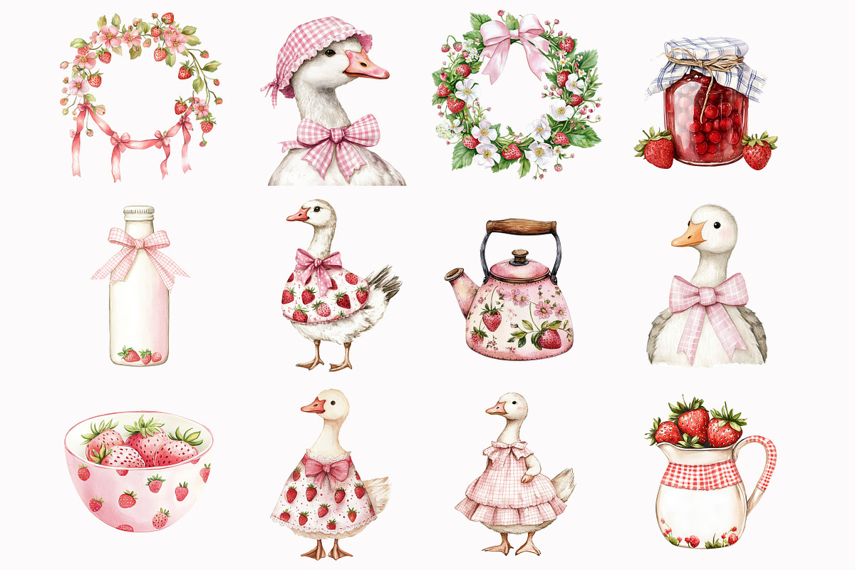 Watercolor Strawberry Goose Clipart, a Seasonal Illustration by Design Market (Photo 3 of 5)