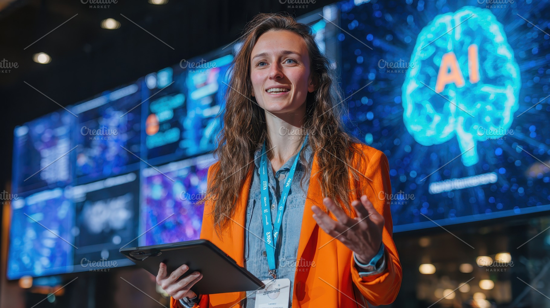 Woman speaker presenting AI technolo, a Photo by Pixeness Studio