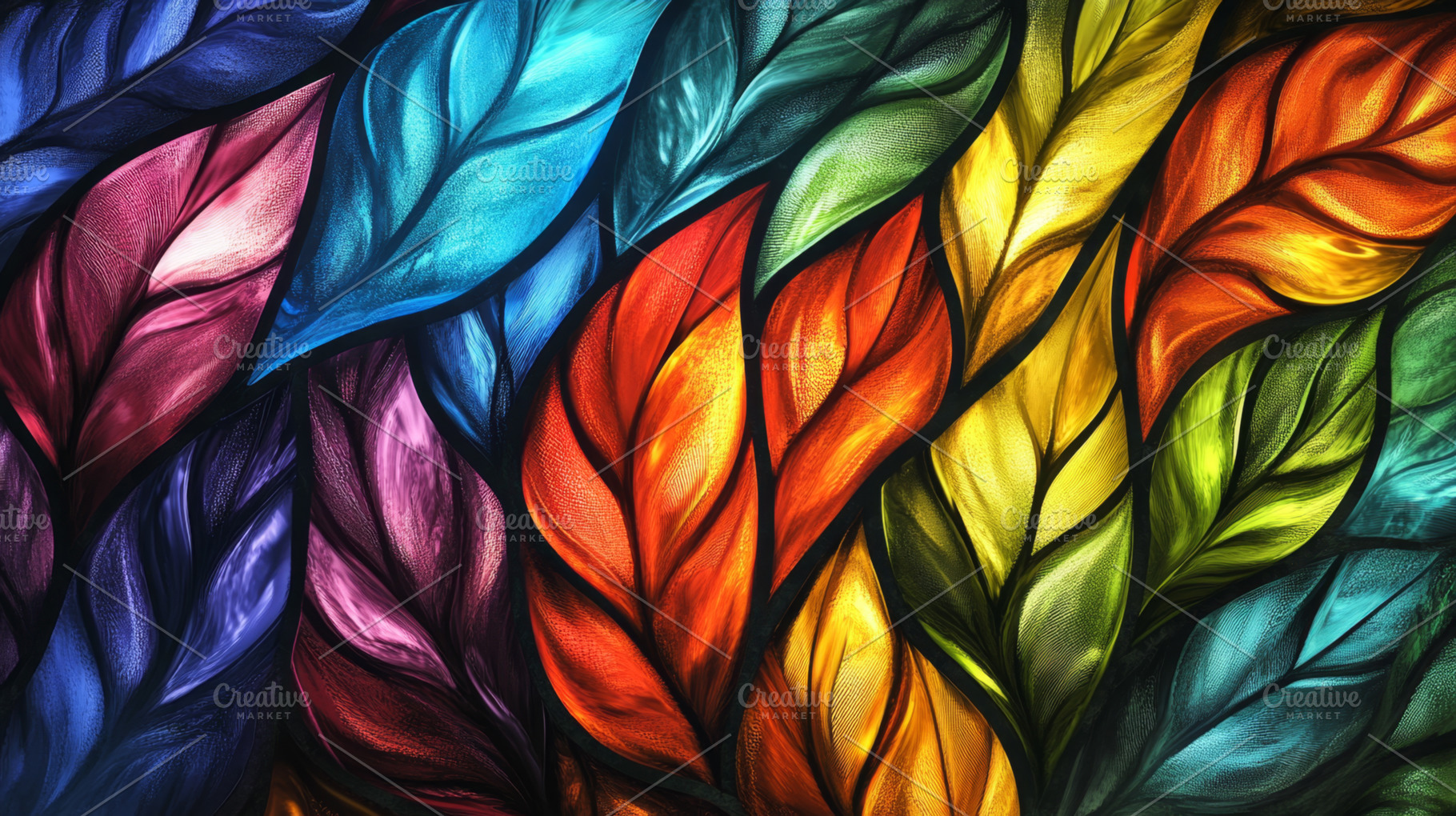 Colorful Stained Glass Leaf Pattern Design, an Abstract Photo by Natalia Klenova's Shop