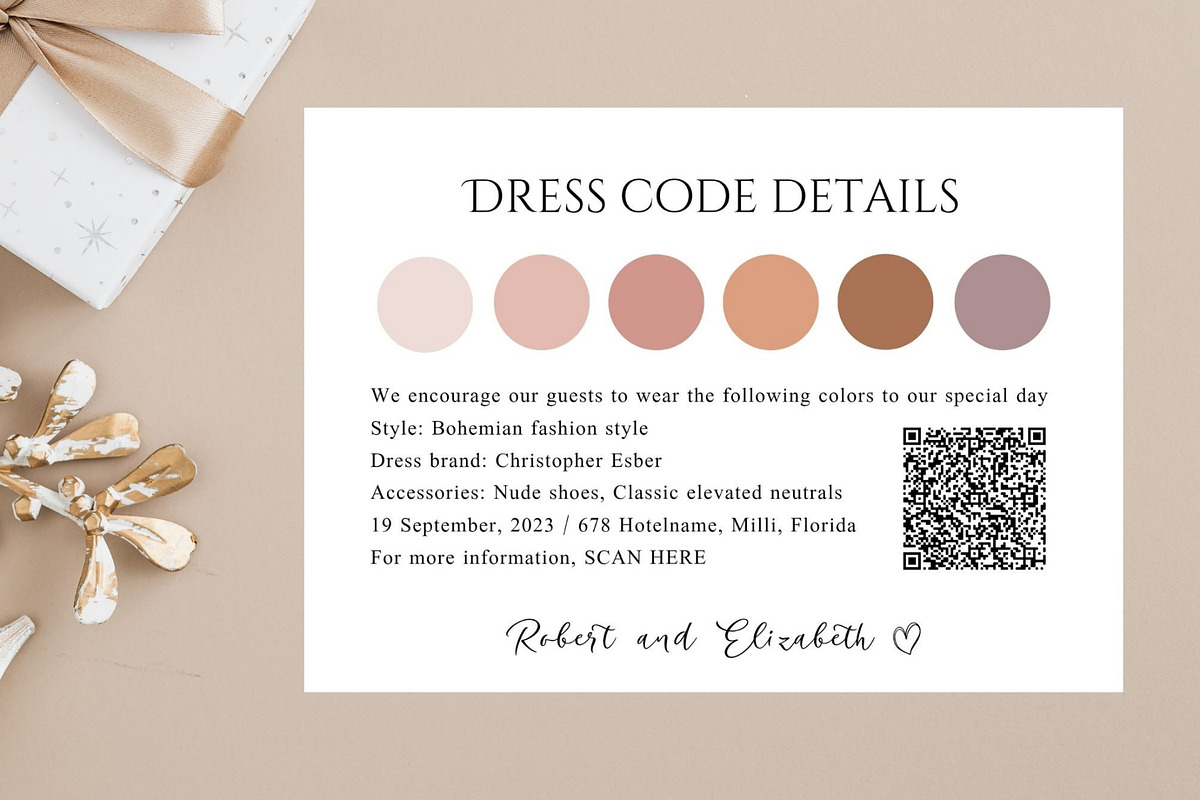 QR code wedding event attire card, a Card Template by EvaTemplates (Photo 2 of 5)