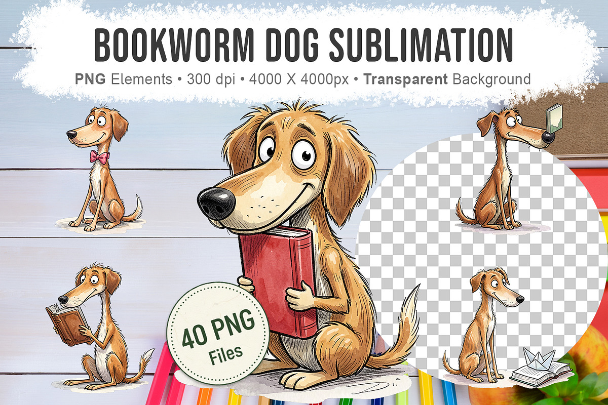 Bookworm Dog Sublimation PNG, an Animal Illustration by Artnoy (Photo 1 of 18)