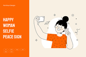 Happy Woman Selfie Peace Sign, a Person Illustration by Partikusi Design
