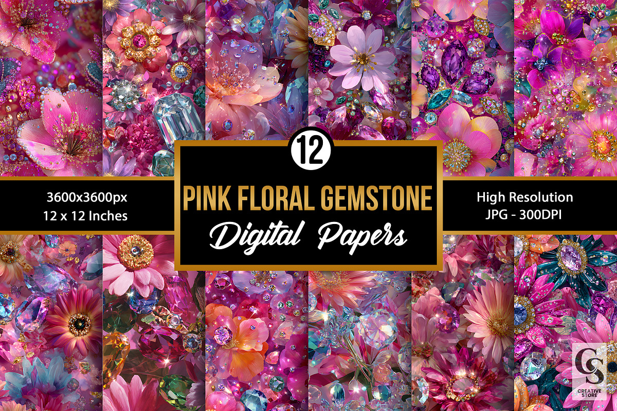 Pink Gemstones and Flowers Pattern |, a Pattern Graphic by Creative Store (Photo 1 of 5)