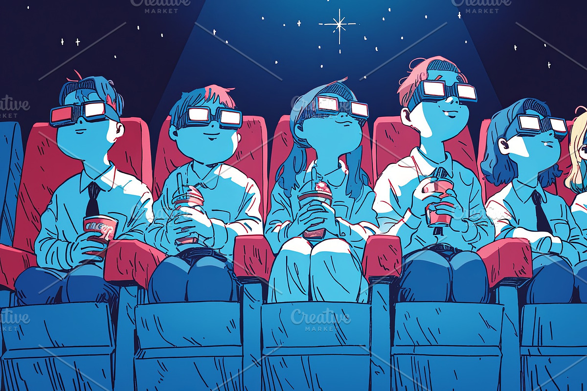 Group of people enjoying 3D movie experience in a cinema theater, an Illustration by AS photostudio