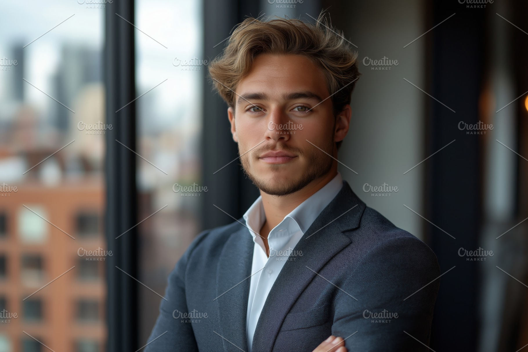 Confident young man with wavy hair in a stylish blazer, posing against a modern, a Person Photo by ImageMir