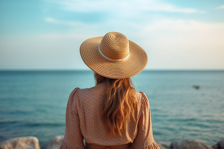 Woman in summer hat looking at the sea. Happy freedom lifestyle. Generative AI, a Person Photo by AlyaAnd