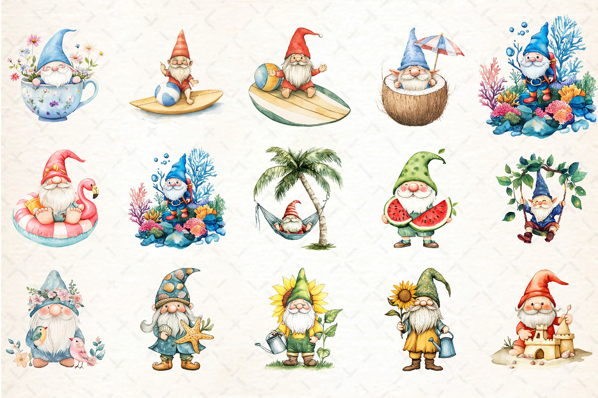 Watercolor Summer Gnome Clipart, an Illustration by DreamCafeArt (Photo 2 of 5)