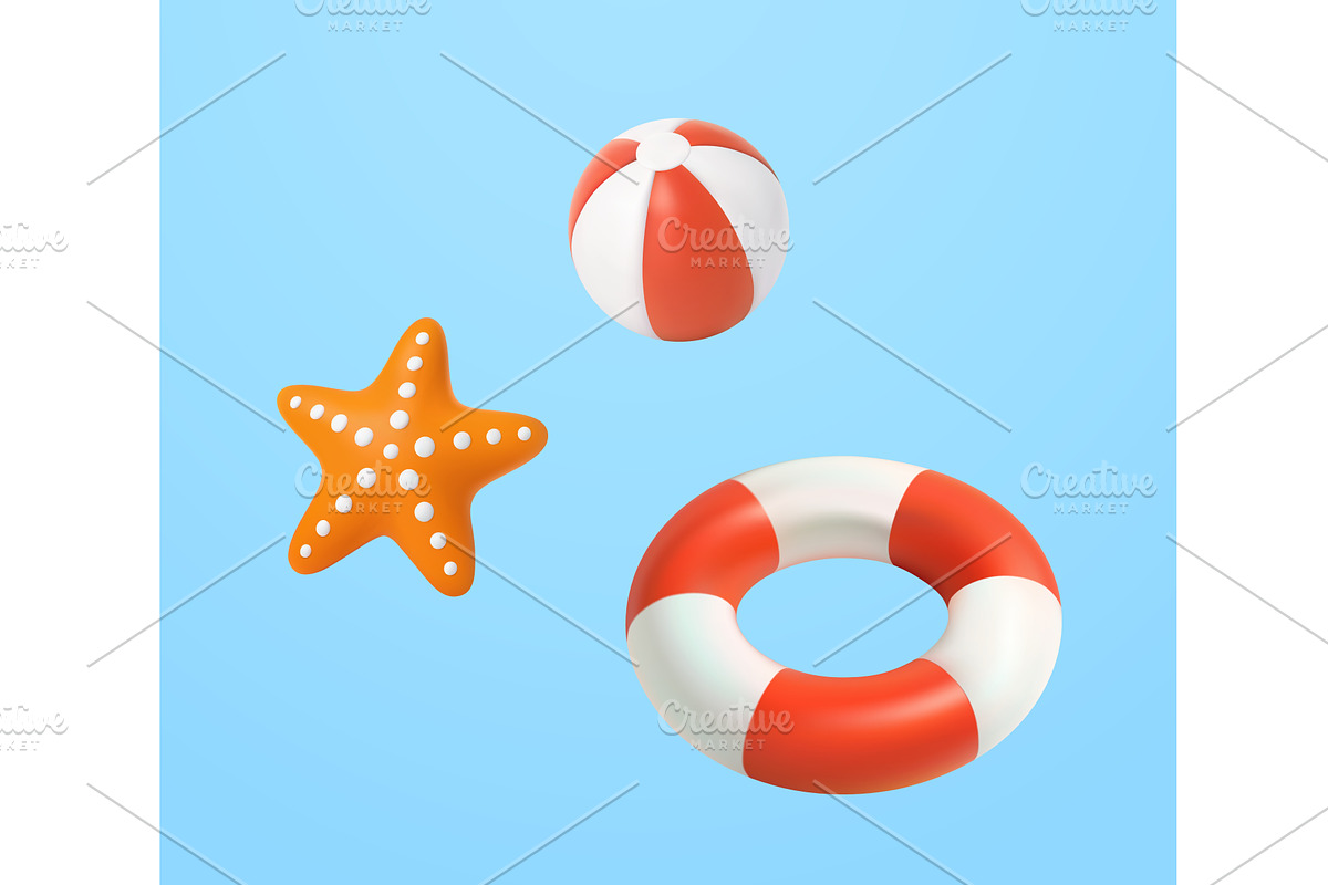 3d swimming ring ball and starfish., an Object Illustration by ModVector