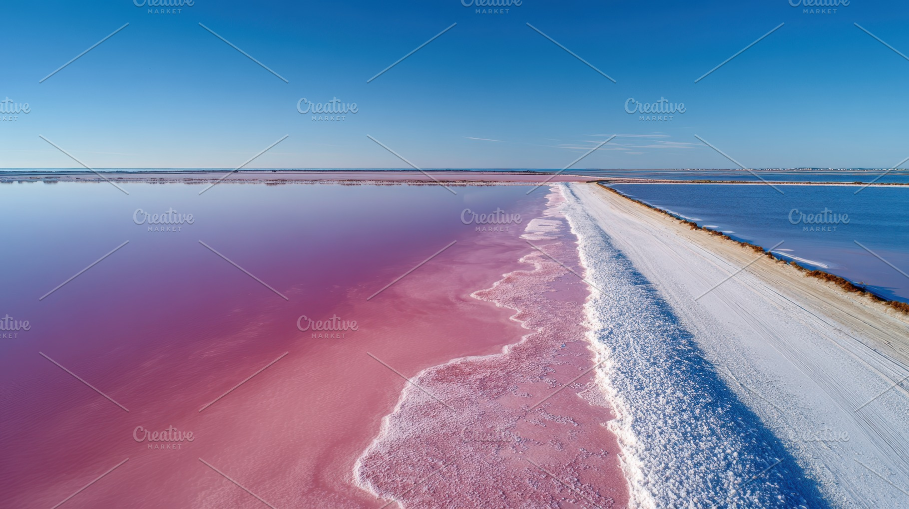 Aerial view of pink salt lake and dirt road, a Nature Photo by AlyaAnd