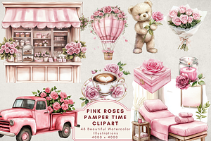 Pink Roses Pamper Time Clipart, an Illustration by NadiaTheronArt