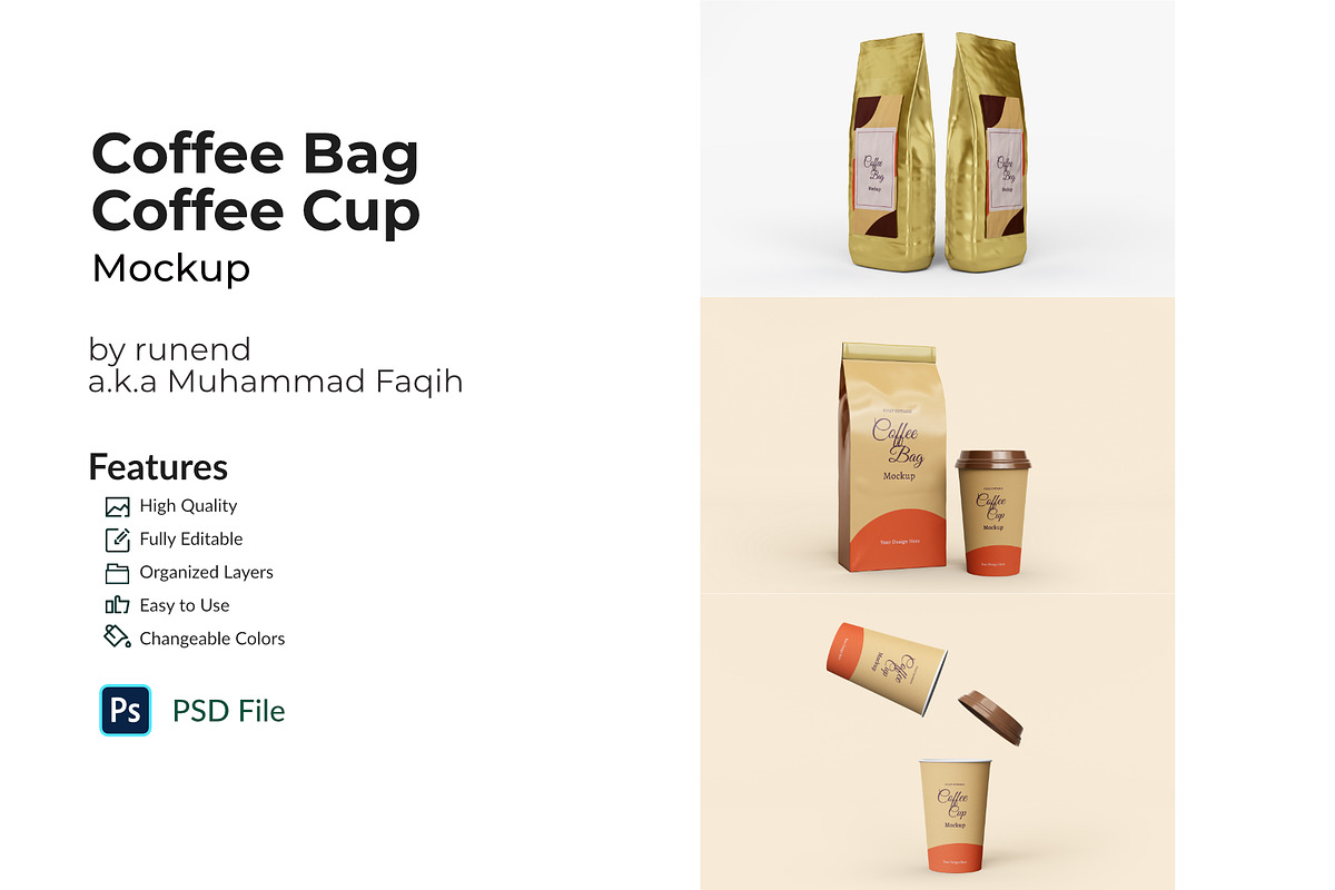 Coffee bag and coffee cup mockup, a Cups & Container Mockup by Runend (Photo 1 of 22)