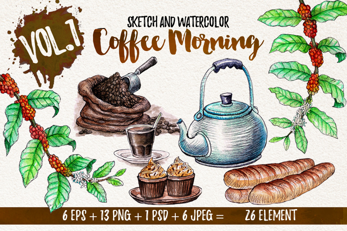 Watercolor Coffee Element, a Food Illustration by Graphobia (Photo 1 of 10)