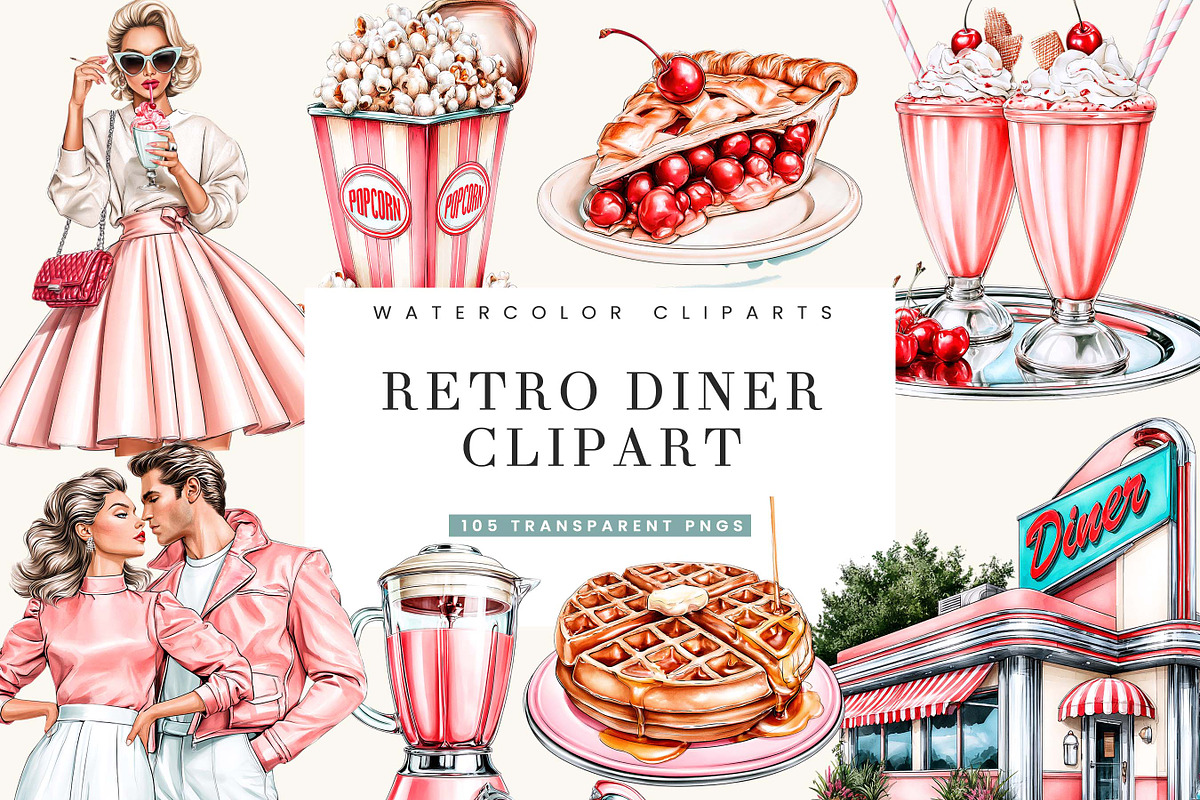 Retro Diner Date Clipart Bundle, a Food Illustration by BusyDaydesign (Photo 1 of 9)