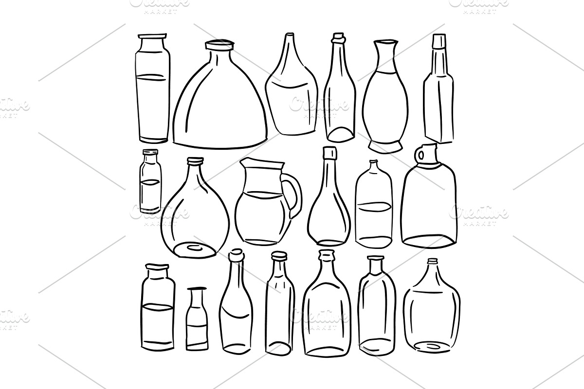 Set of bottles in one line. hand, a Food Illustration by Nenahliadava Design