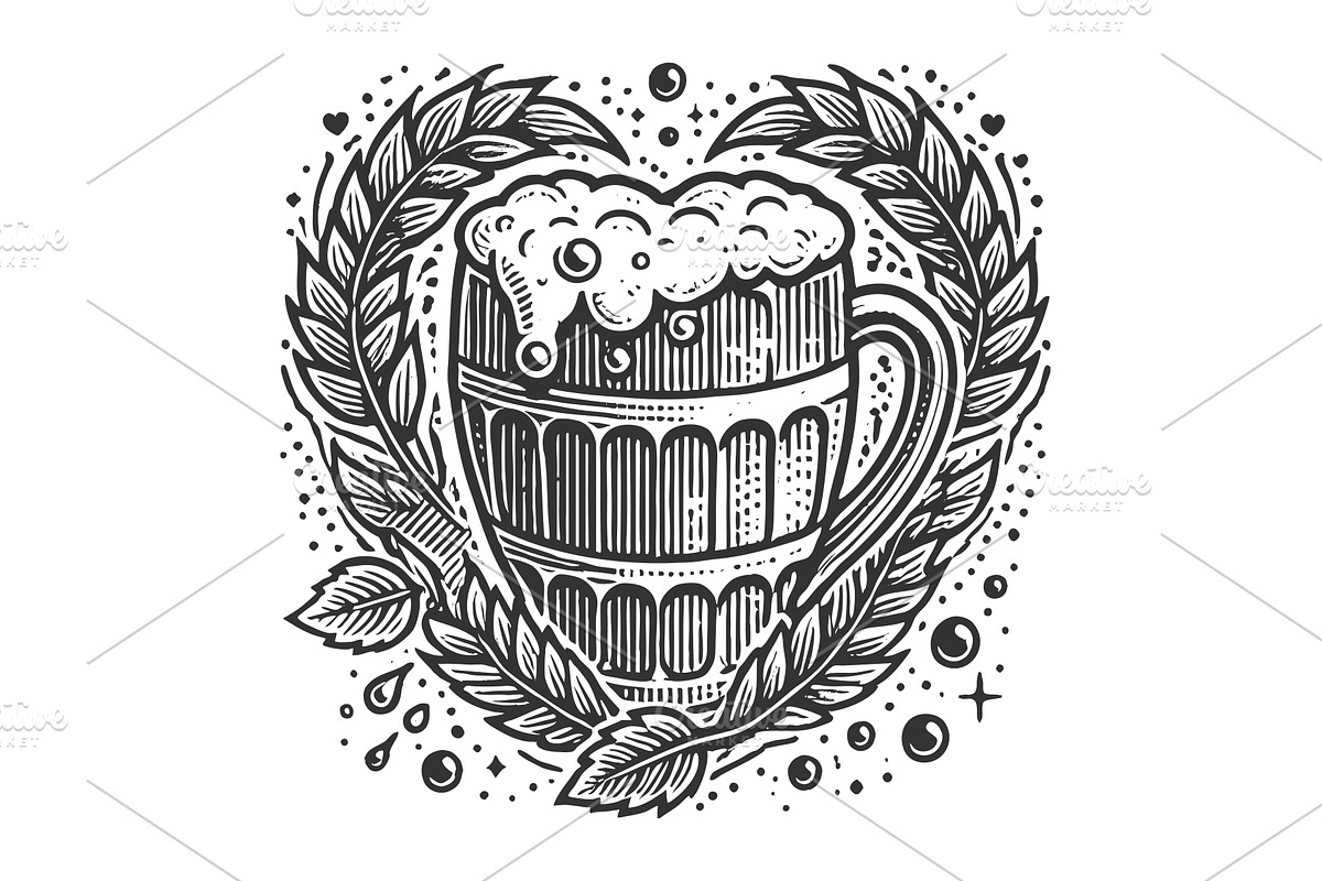 Vintage Beer Mug with Foamy Top and, a Food Illustration by AlexArt