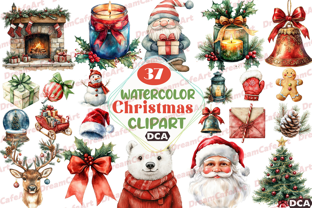 Christmas Watercolor Clipart Set, an Illustration by DreamCafeArt (Photo 1 of 7)