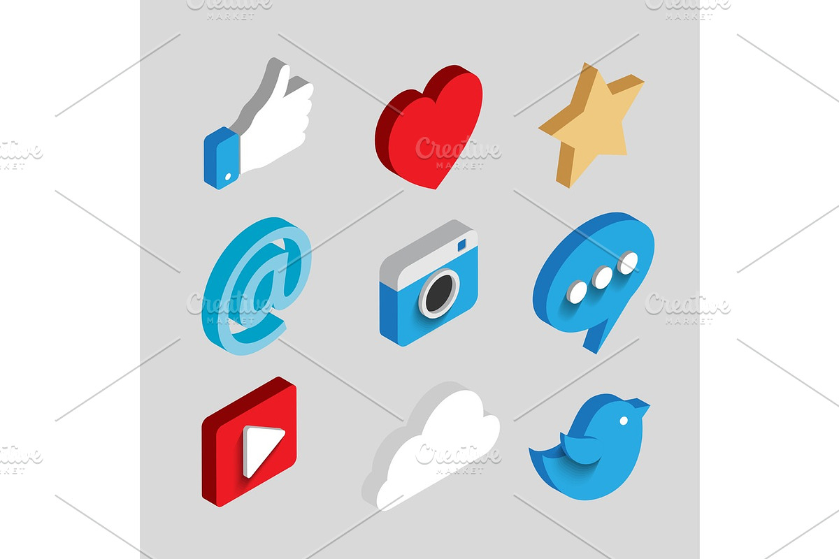 Social media flat 3d isometric concept vector icons., an Icon by Marinstri