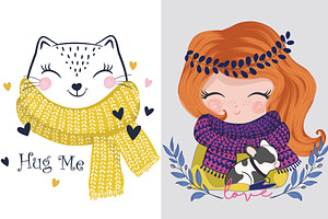 Winter theme cute girl with cat art.