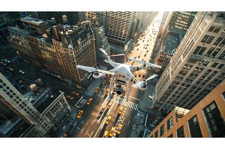 Large White Drone Flying Over City, a Transportation Photo by Goinyk