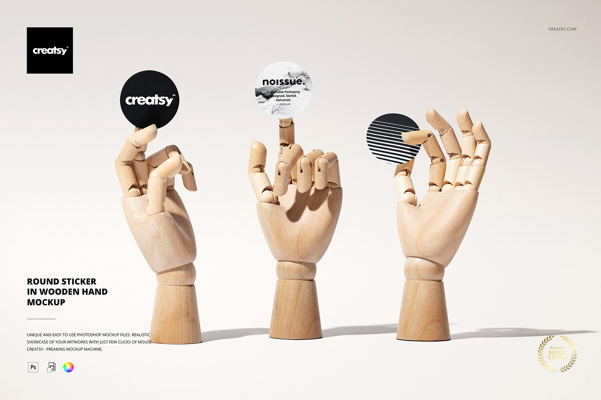 Round Stickers in Wooden Hand Mockup, a Merchandise Mockup by creatsy5 (Photo 1 of 5)
