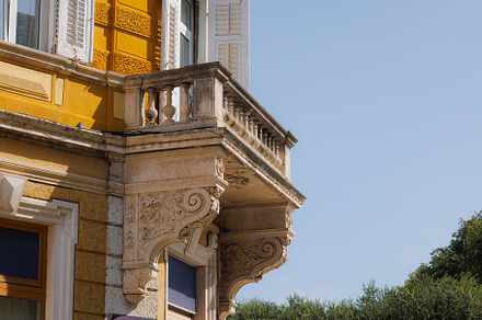 Ancient balcony decorated with ornamental stone elements, Pula. Croatia