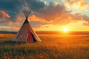 Sunset over traditional teepee in op, a Photo by Tanuart