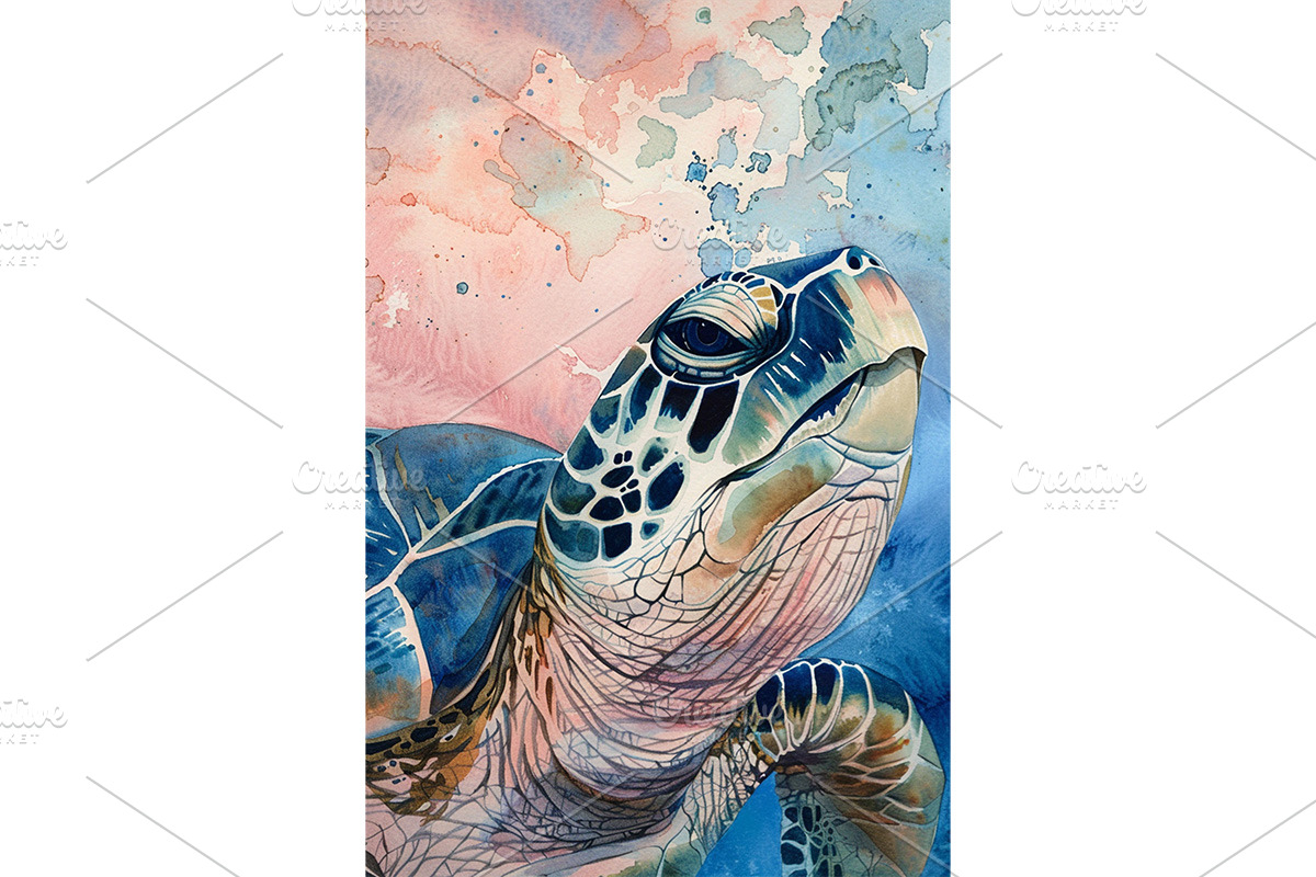 Close-Up Watercolor Sea Turtle Art, an Animal Illustration by Art Paradise Studios