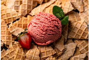 Strawberry ice cream scoop with, a Food & Drink Photo by Yulia Furman