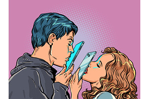 Man and woman kissing through phone, a Technology Illustration by rogistok