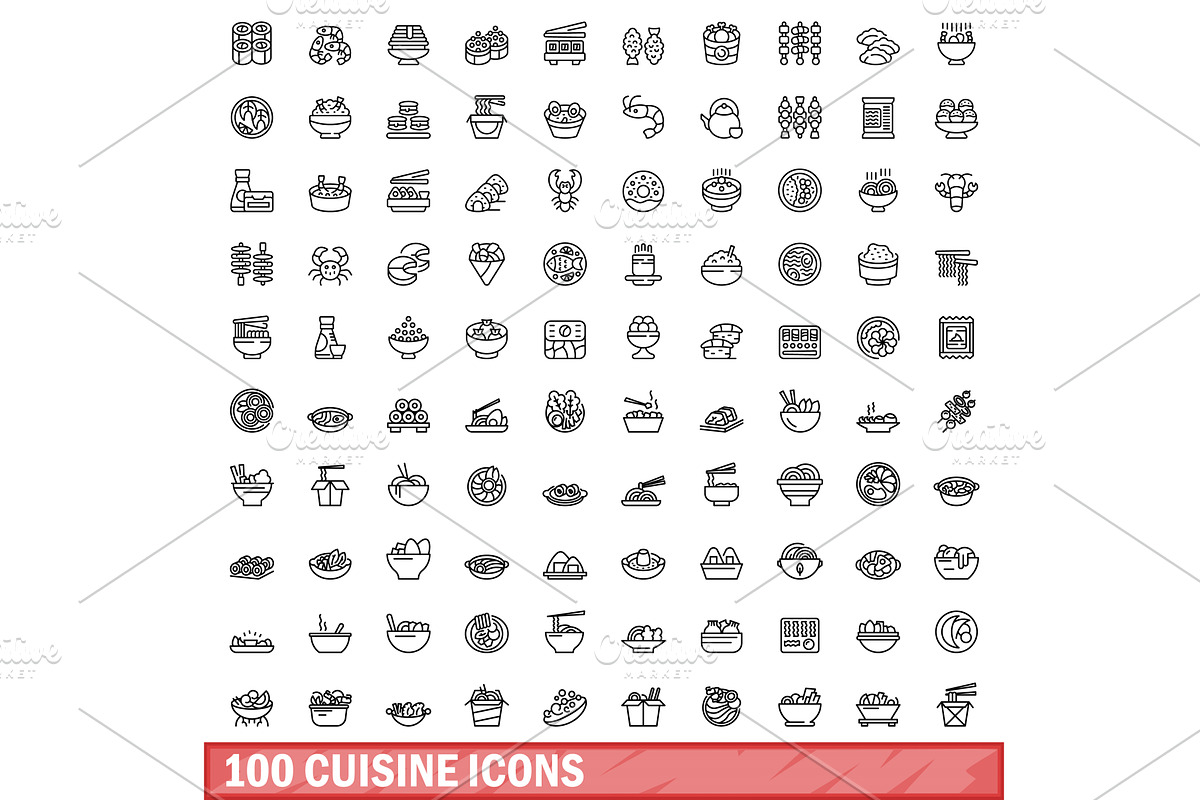 100 cuisine icons set, outline style, a Food Illustration by Ylivdesign