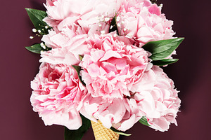 Pink Peony Floral Cone Against Burgundy Background, a Holiday Photo by Natalia Klenova's Shop