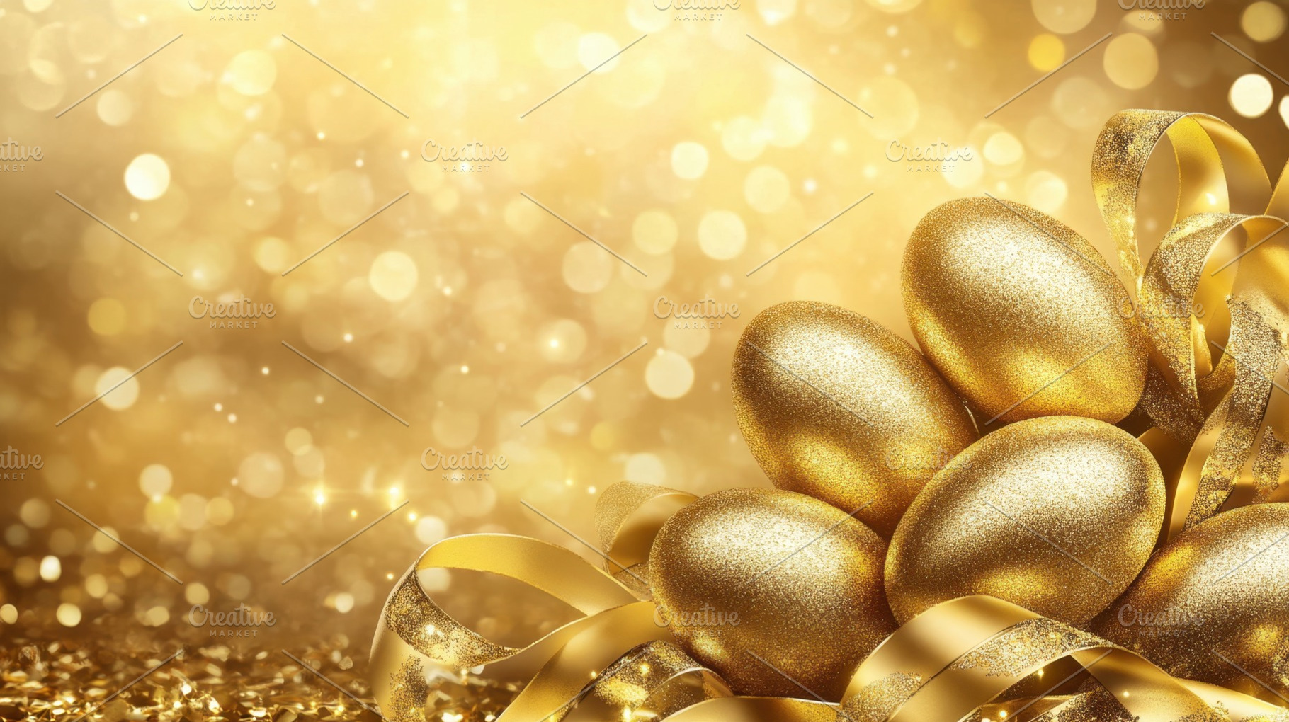 Golden eggs on shimmering surface, a Photo by Beautiful things