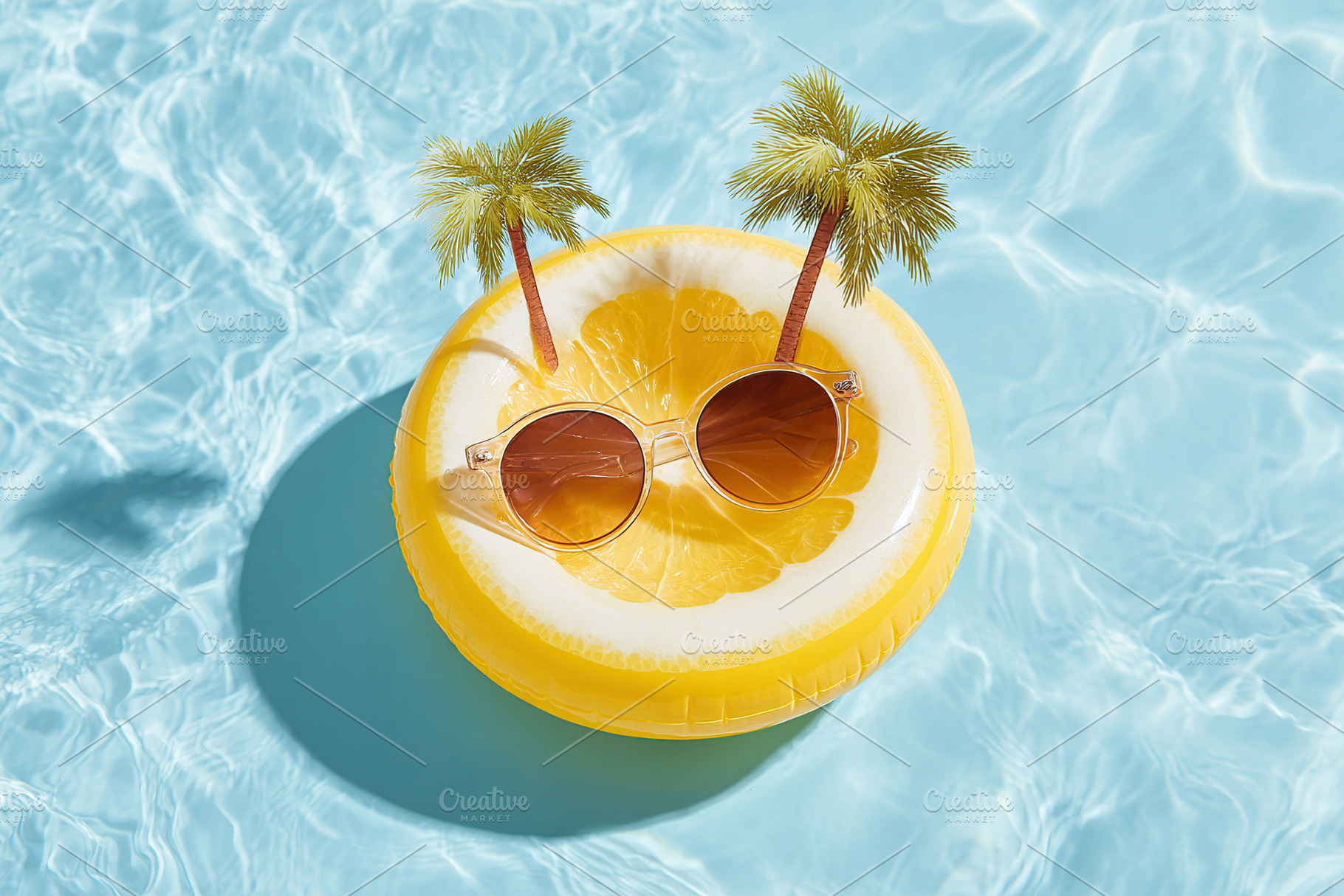 Slice of summer floating on a bright pool raft with sunglasses and palm trees, a Photo by AlyaAnd