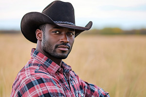 Mature black american cowboy poses confidently in the open field during golden, a Person Photo by AlyaAnd