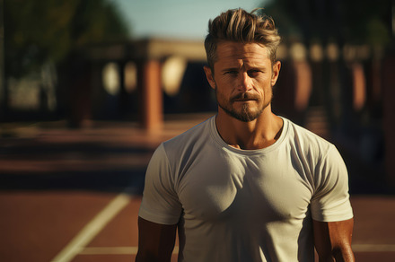 Handsome Man Standing on Tennis Court in Sunlight, a Photo by AS photostudio