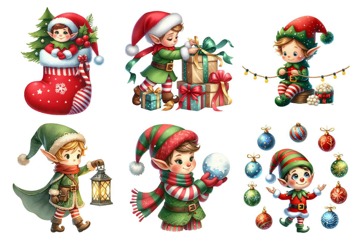 Christmas Elf Watercolor Clipart, an Illustration by Daily.Designs (Photo 3 of 5)
