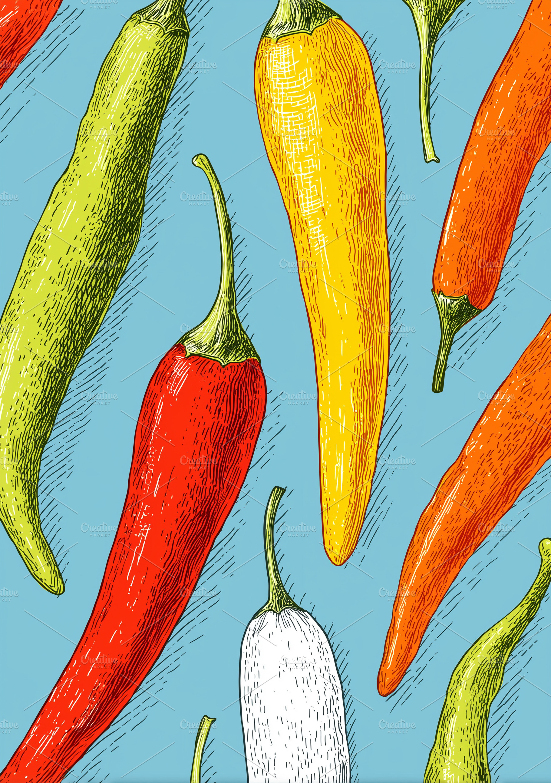 Colorful chili peppers on blue, a Food & Drink Photo by MistyDay