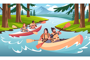 Kayaking people. Friends rafting on, a Sport Illustration by YummyBuum