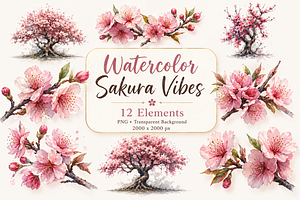 12 Watercolor Cherry Blossom Clipart