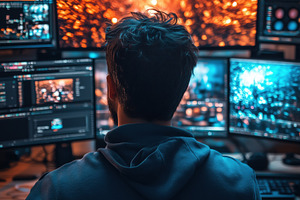 A motion designer sitting in front of multiple computer monitors displaying vib, a Person Photo by Textures & Backgrounds