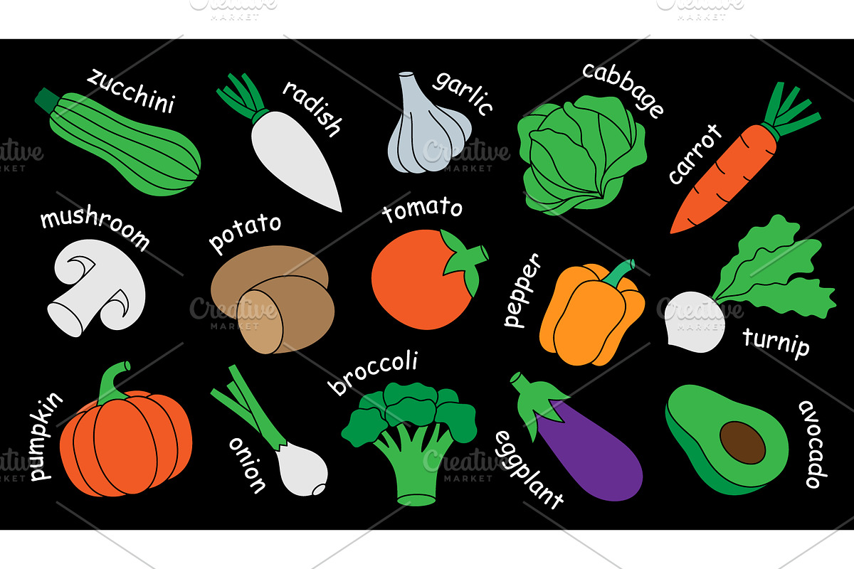 Colorful vegetables with names, a Food Illustration by GraphiShop
